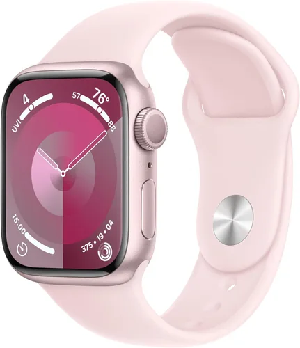 Apple Watch Series 9 [GPS 41mm] SmartWatch con caja de aluminio rosa con correa deportiva rosa claro S/M. Rastreador de fitness, aplicaciones de
