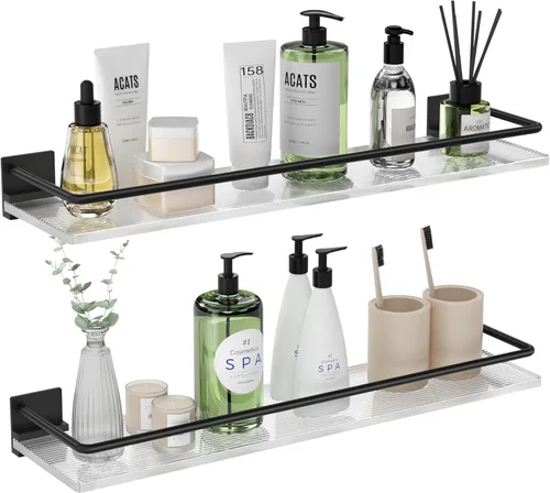 Estantes flotantes de acrílico para baño, juego de 2, estantes montados en la pared adecuados para lavabo, cocina, lavandería, granja, para Negro