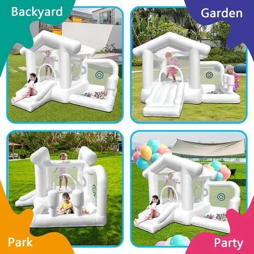 Miniatura 3 de Casa inflable blanca con hoyo de bolas, castillo de rebote blanco para interiores y exteriores con soplador, casa Boncy para niños de 3 a 8 años