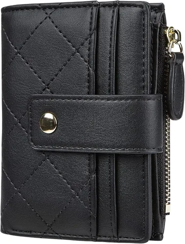 Cartera de cuero para mujer, pequeña, compacta, plegable, con bolsillo para monedas con cremallera
