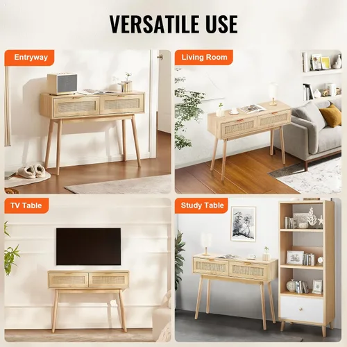 Miniatura 8 de VEVOR Mesa consola de ratán con 2 cajones de almacenamiento, mesa de entrada de ratán con puerta corredera de ratán natural, mesa de sofá para sala