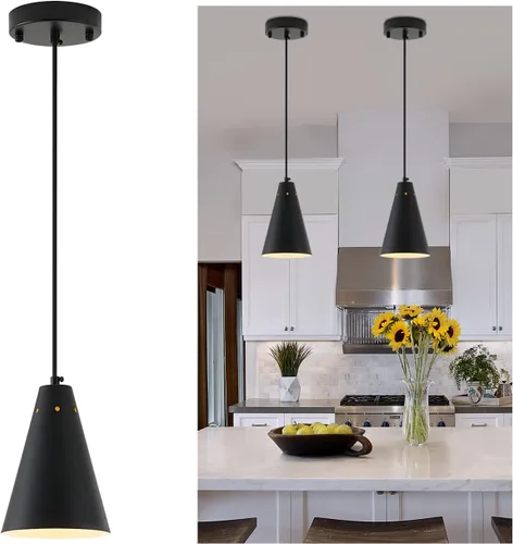 Miniatura 17 de Dijiahua Paquete de 3 lámparas colgantes negras para isla de cocina, pequeños candelabros industriales modernos con pantalla de metal cono, mini