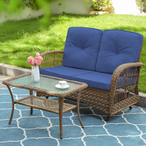 Miniatura 13 de VIVIJASON Silla mecedora de mimbre para exteriores, 2 piezas, sillas mecedoras de ratán para patio con cojines y marco de acero, muebles de mimbre