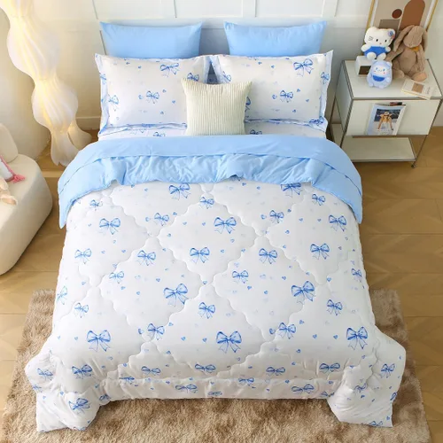 Miniatura 5 de Juego de ropa de cama con lazo para niñas, tamaño matrimonial, 7 piezas, color azul, Kawaii con lazo, cama en una bolsa para niños y adolescentes