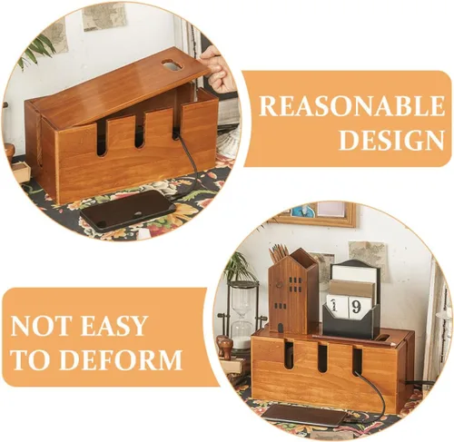 Miniatura 7 de Toddmomy Wooden Cable Organizer Container with Lid for Home Office Desk Wire Storage and Router Stand for Electronics