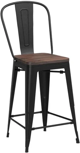 Miniatura 4 de Juego de 4 taburetes de bar de altura de mostrador para isla de cocina, estilo granja, sillas de bar de metal con respaldo alto, asiento de madera