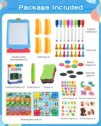 Miniatura 6 de Elovien Caballete para niños, caballete de arte de doble cara 4 en 1 con pizarra y pizarra blanca magnética, caballete de mesa plegable para niños