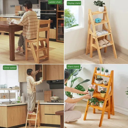 Miniatura 5 de Silla de escalera plegable de madera, taburete y silla 2 en 1, estilo rústico, perfecta para comedor, uso en interiores y exteriores, capacidad