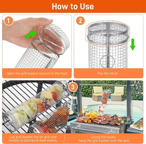 Miniatura 5 de GOTGELIF Cesta rodante para parrilla, canasta de acero inoxidable para asar uniformemente y almacenamiento conveniente, tubo de red en camping