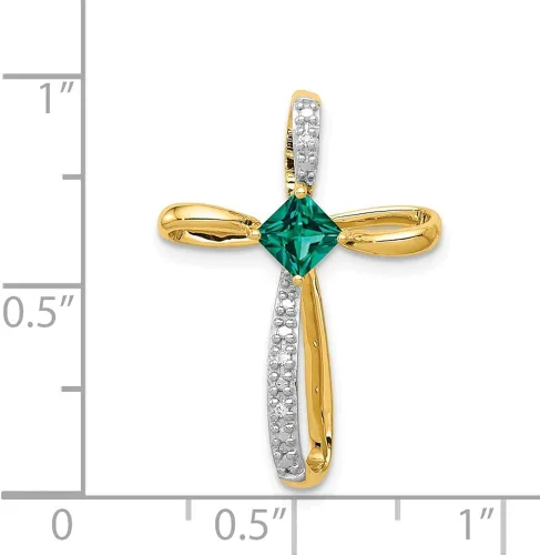 Miniatura 4 de Colgante de oro amarillo sólido de 14 quilates con gema de mayo verde esmeralda y cruz de diamante.