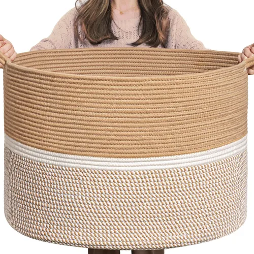 Miniatura 10 de CHICVITA Cesta tejida de cuerda de algodón extra grande XXL, cesta de almacenamiento para manta con asas, cesta decorativa para ropa, 22 x 22 x 14