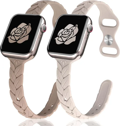 Miniatura 13 de JR.DM - Paquete de 2 bandas de silicona grabadas compatibles con Apple Watch de 38/40/41/42/44/45/46/49 mm, correa delgada y femenina de hoja