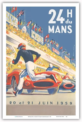 1959 Grand Prix - 24 horas de Le Mans Francia - Carreras de resistencia - Póster de carreras de coches vintage por Michel Bélignod c.1959 -