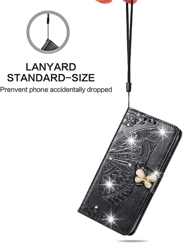 Miniatura 6 de Funda compatible con Samsung Galaxy A13 con purpurina brillante con tarjetero y soporte de cuero con tapa de mariposa de diamante a prueba de Negro