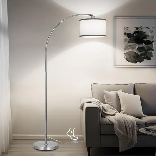 Lámpara de pie de arco plateada para sala de estar, lámpara de pie moderna con cabeza ajustable, lámpara de poste alto con interruptor de pedal de