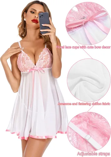 Miniatura 4 de Avidlove - Conjunto de lencería tipo camisón de encaje y malla para mujer