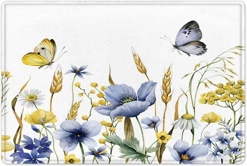 Miniatura 12 de HVEST Alfombra de baño con estampado de margaritas y margaritas, alfombra de baño rústica azul con estampado floral y mariposa para decoración