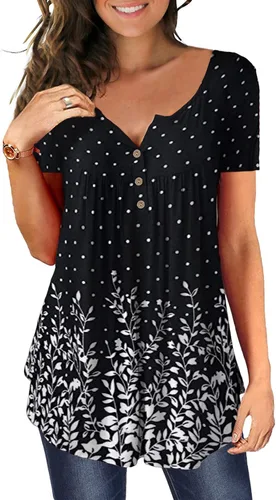 MAYAMANG - Blusa informal tipo túnica para mujer, diseño floral con manga corta, botones y cuello en V, camisetas