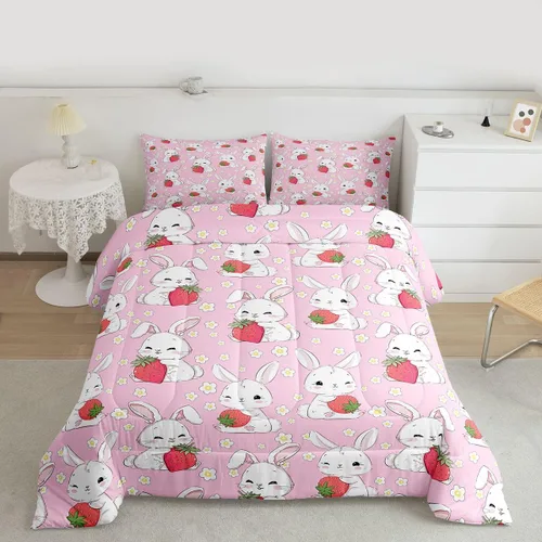 Miniatura 20 de Feelyou Juego de ropa de cama de conejo para niños, tamaño individual, juego de edredón de conejo para niñas y mujeres, edredón de plumón verde