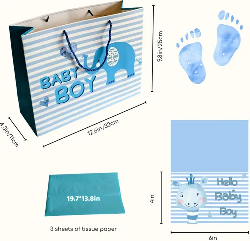Miniatura 2 de DiffyGo Bolsa de regalo de bebé grande de 13 pulgadas para baby shower con papel de seda y tarjeta (azul)