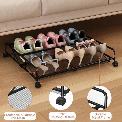 Miniatura 7 de Organizador de almacenamiento de zapatos debajo de la cama, contenedores de almacenamiento de malla metálica debajo de la cama con ruedas