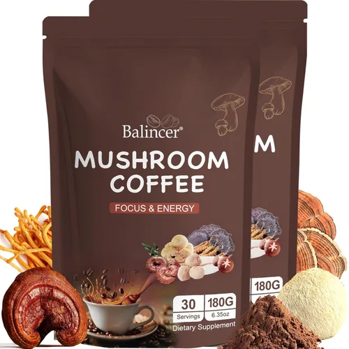Café de Hongos, 6 Hongos Adaptogénicos (Melena de León, Cordyceps, Cola de Pavo y Otros) Mezclados con Café Instantáneo Premium para Concentración,