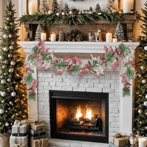 Miniatura 7 de CISDUEO - Guirnalda de Navidad Artificial de Flores de Nochebuena Poinsettia, Guirnalda de Bayas Rojas Artificiales con Piñas para Chimenea, Mantel