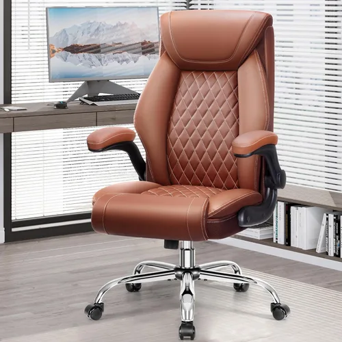 Miniatura 10 de Silla de oficina, Silla de escritorio ergonómica de respaldo alto para oficina en casa, Silla de oficina grande y alta de cuero transpirable con Café