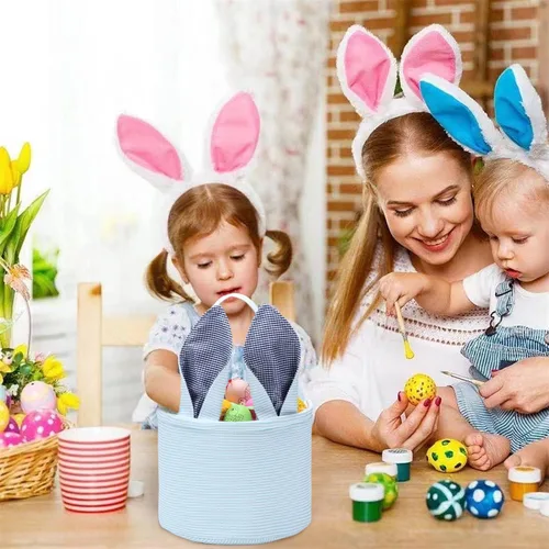 Miniatura 4 de Cesta de Pascua de sirsaca para niños con lindas orejas de conejo a rayas, regalos de almacenamiento de caramelos, regalos personalizados