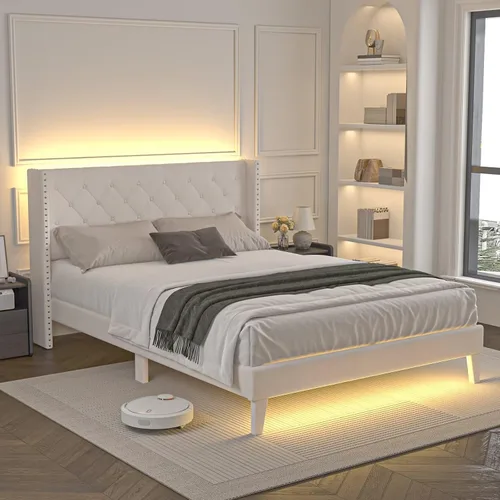 Miniatura 7 de Lihimte Marco de cama tamaño matrimonial con luces LED, base de cama plataforma tapizada en terciopelo con cabecero y estribo abotonado, soporte