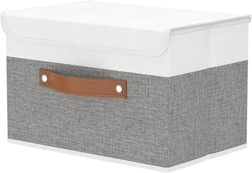 Miniatura 26 de OUTBROS Caja de almacenamiento plegable grande con tapa, organizador de armario de tela de lino, contenedores para toallas, ropa, 15 x 9.8 x 9.8