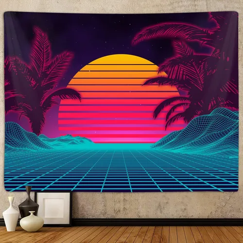Tapiz retro de onda de vapor de neón para el dormitorio de los hombres, tapices de arte de montaña trippy fresco para colgar en la pared para