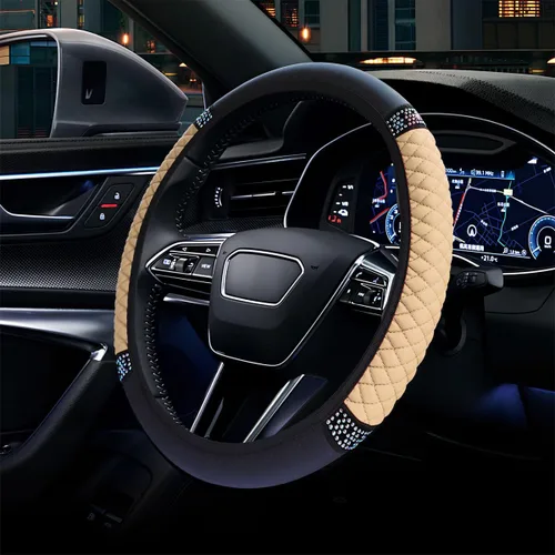 Miniatura 4 de ZIMISI Funda de volante de cuero suave con diamantes brillantes, protector de volante antideslizante de 15" con cristales brillantes para automóvil