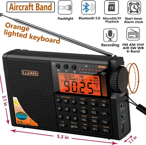 Miniatura 2 de Radio de onda corta AIR/VHF/AM/FM/SW/Transistor de bandas meteorológicas con linterna, retroiluminación de tecla, registro digital, reloj