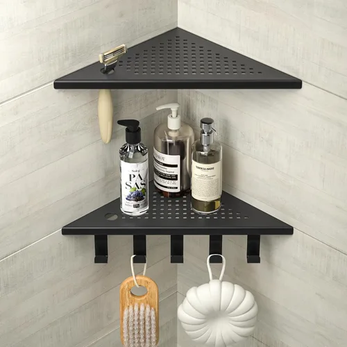Miniatura 8 de Estantes de ducha con ganchos, estante esquinero de baño de acero inoxidable 304 para pared de azulejos (cepillado, 10 pulgadas)