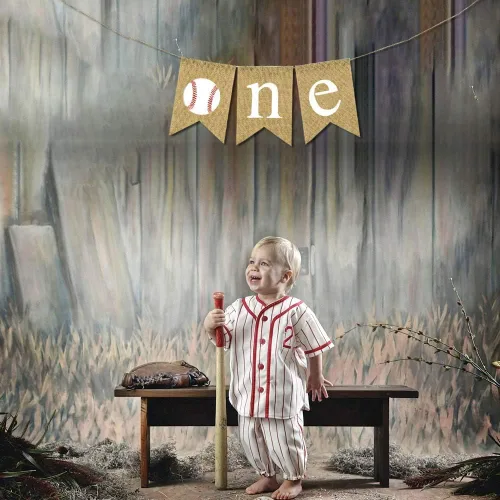 Miniatura 5 de Rainlemon Yute arpillera béisbol una pancarta rústica para niño y niña, fiesta de primer cumpleaños, decoración para silla alta
