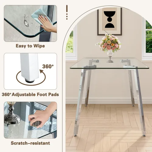 Miniatura 6 de Juego de mesa de comedor de cristal para 4, mesa rectangular con 4 sillas de cocina de cuero gris, juego de comedor de cocina de 51 pulgadas, mesa 4