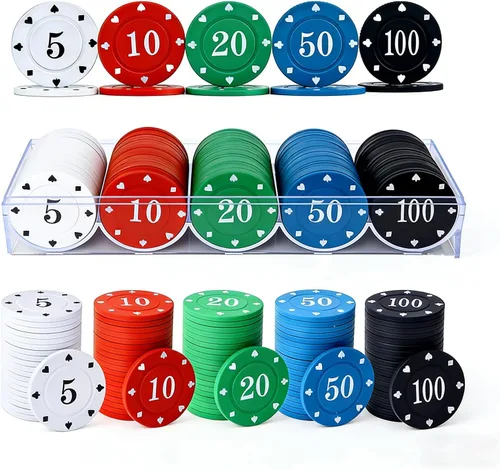 Juego de fichas de póquer de plástico con caja de almacenamiento, denominación impresa estilo casino chip para noches de juego en casa de Texas,
