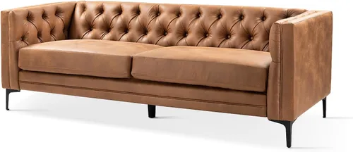 Miniatura 8 de HULALA HOME Sofá de piel sintética de 84 pulgadas de ancho con patas metálicas, sofá de 3 plazas con botones capitoné, moderno sofá tapizado