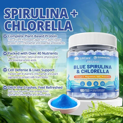 Miniatura 3 de Gomitas orgánicas de espirulina azul Chlorella, superalimentos y excelente fuente de alta ficocianina vegana, clorofila, complejo B, minerales