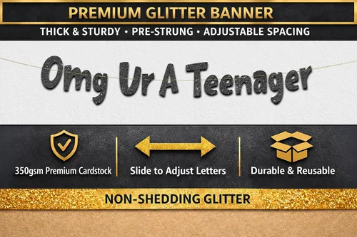 Miniatura 3 de Cartel OMG con purpurina negra Ur A Teenager pre-encordado, decoraciones de cumpleaños número 13 para niños y niñas, suministros y regalos
