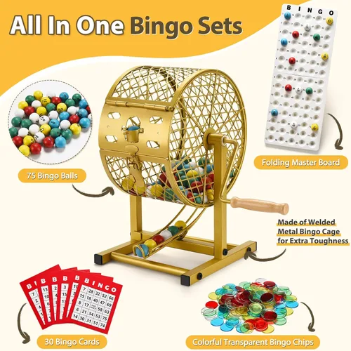 Miniatura 4 de AugFir Juegos de bingo de 12.6 pulgadas de alto con jaula de acero, juego de bingo profesional para adultos/niños, incluye fichas de colores, 30