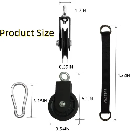 Miniatura 2 de Sistema de polea de cable de peso, rueda de polea giratoria de 360 grados, polea silenciosa de 3.54 pulgadas, correa para colgar polea, mosquetón, 1
