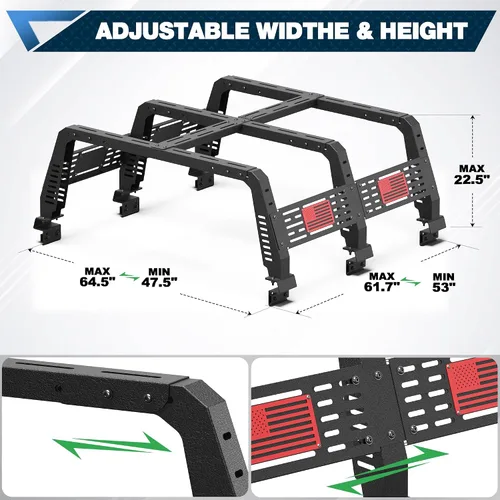 Miniatura 3 de Estante para cama de camioneta de tamaño completo, estante de carga de acero de 22.5 pulgadas con ancho ajustable, carga dinámica de 500LB, se