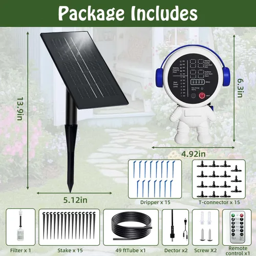 Miniatura 9 de Sistema de riego solar por goteo para jardín/exterior/interior, sistema de riego automático solar de jardín para 15 plantas en maceta, agua