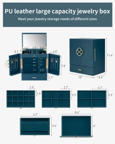 Miniatura 4 de Vlando Joyero grande, cajas de joyería y organizadores de 6 niveles, estuche de almacenamiento de joyas con espejo con 5 cajones, reloj de piel