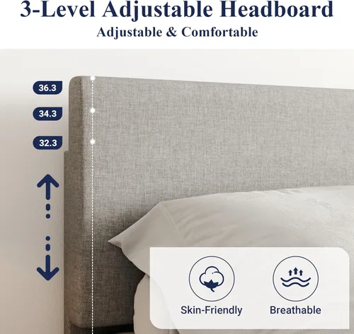 Miniatura 4 de Base de cama Allewie de tamaño matrimonial con cabecera ajustable, cama tapizada con plataforma y listones de madera, base de colchón resistente,