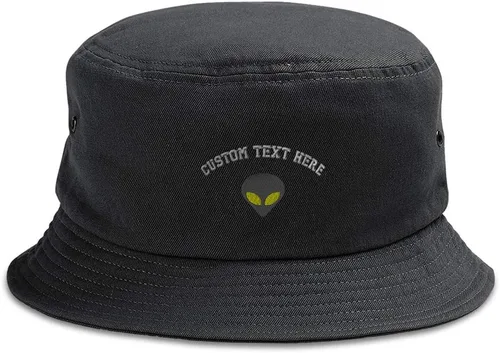 Miniatura 8 de Custom Bucket Apparel Sombrero Alien Gris Cabeza Ojos Amarillos Bordado para Hombres y Mujeres Solo diseño negro.