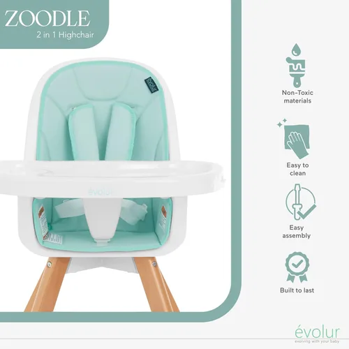 Miniatura 5 de évolur Zoodle - Silla alta 3 en 1 en color menta, silla de alimentación convertible de madera para bebé con bandeja extraíble apta