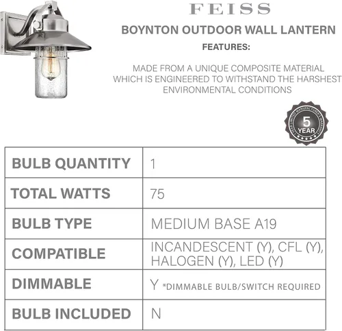 Miniatura 7 de Feiss OL13900PBS Boynton StoneStrong - Farol de pared para iluminación de patio al aire libre, níquel satinado, 1 luz